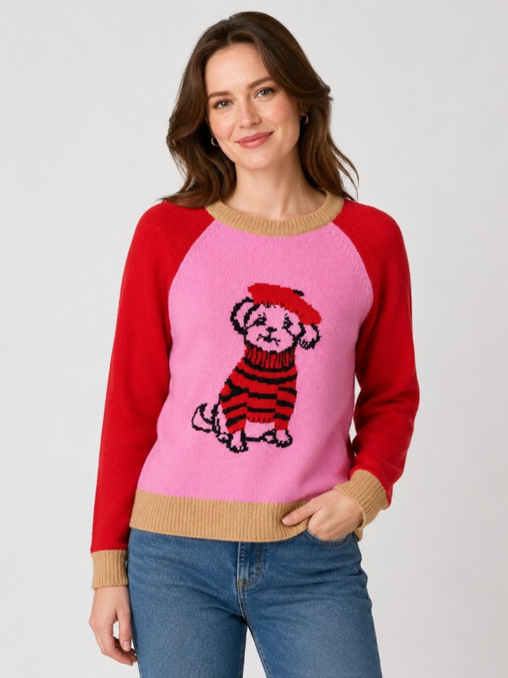 NWT St. John’s Bay Pink Red Dog Graphic Sweater Women’s Small Parisian Puppy